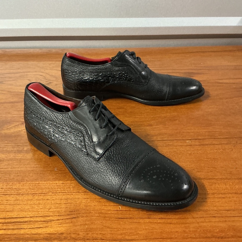 Galezio Torresi Men Black Leather Exotic Reptile Print Derby Oxford Size 42EU